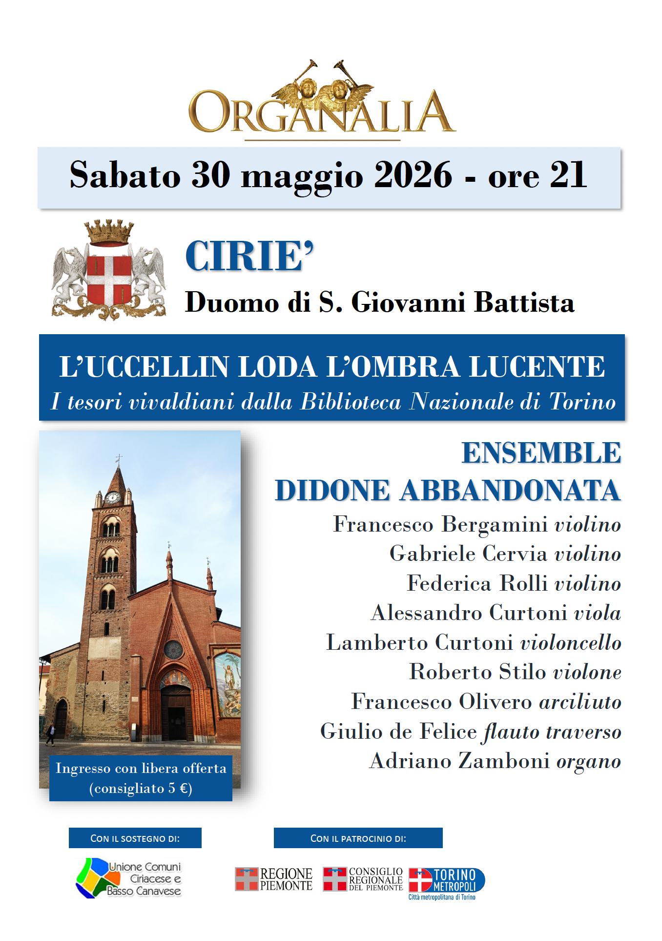 Concerto Organalia a Cirié: L'Uccellin loda l'ombra lucente